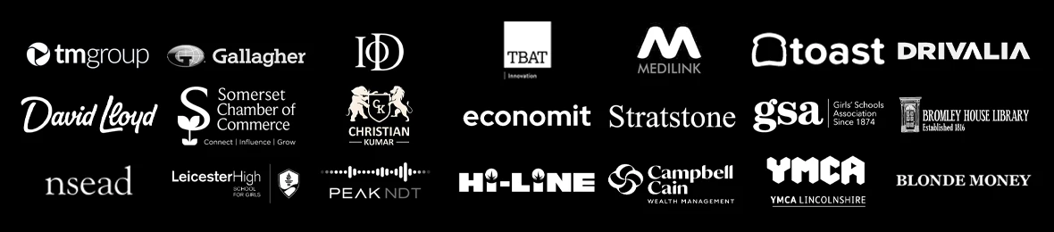Logos of clients including TM Group, Gallagher, Institute of Directors, TBAT Innovation, Medilink, Drivalia, David Lloyd, Somerset Chamber of Commerce, Economit, Stratstone, GSA, Bromley House Library, NSEAD, Leicester High School, Peak NDT, Hi-Line, Campbell Cain, YMCA and Blonde Money.