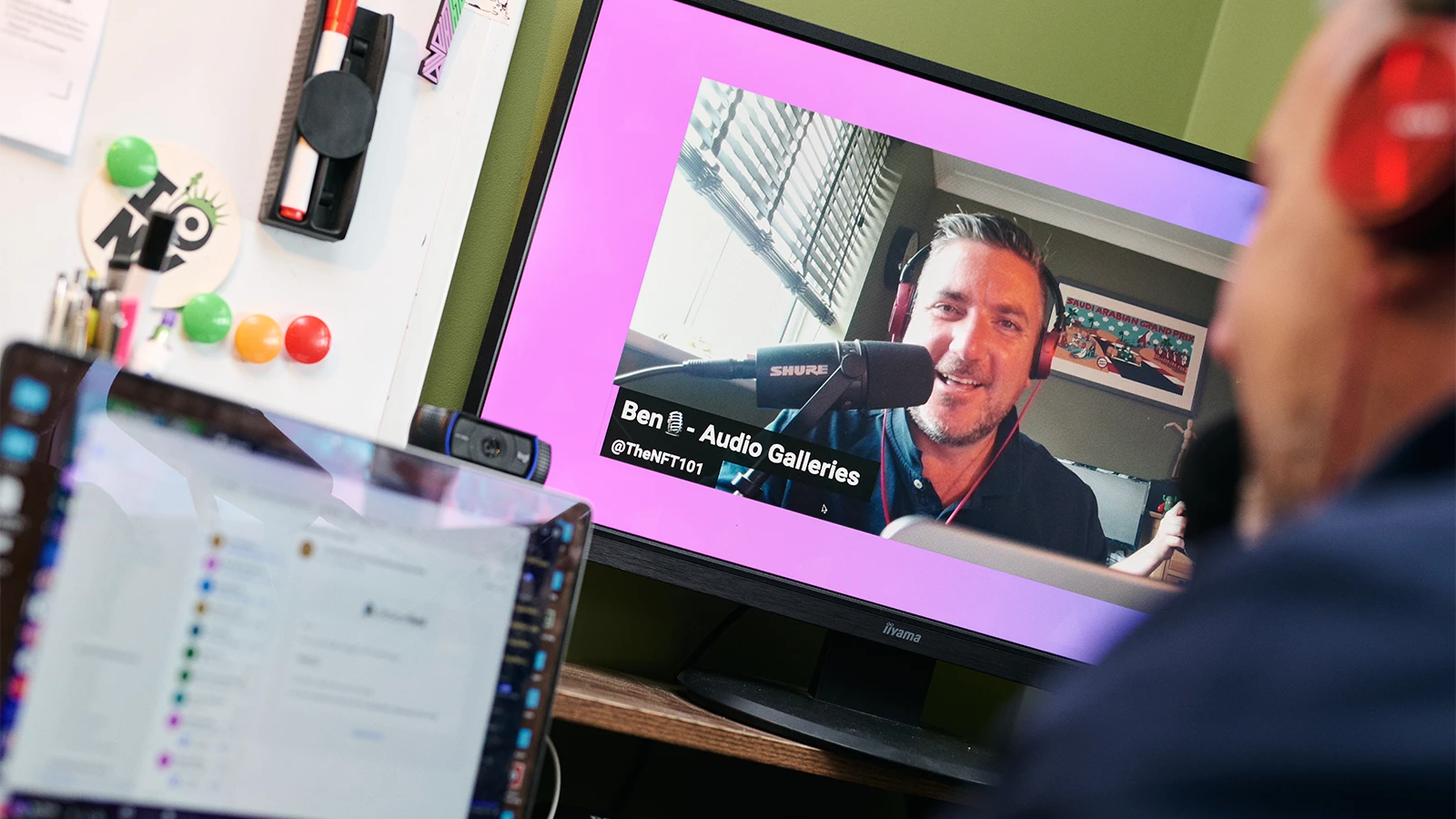 Behind the scenes at an Audio Galleries recording session with professional podcast setup