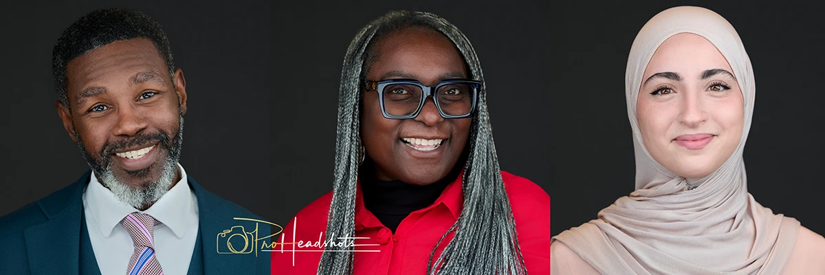 Three professional headshots against dark backgrounds showcasing business professionals - a distinguished man in a blue blazer and white shirt, a stylish woman in a sage green blouse, and a confident man in a dark suit with blue tie. Pro Headshots logo overlaid in gold.