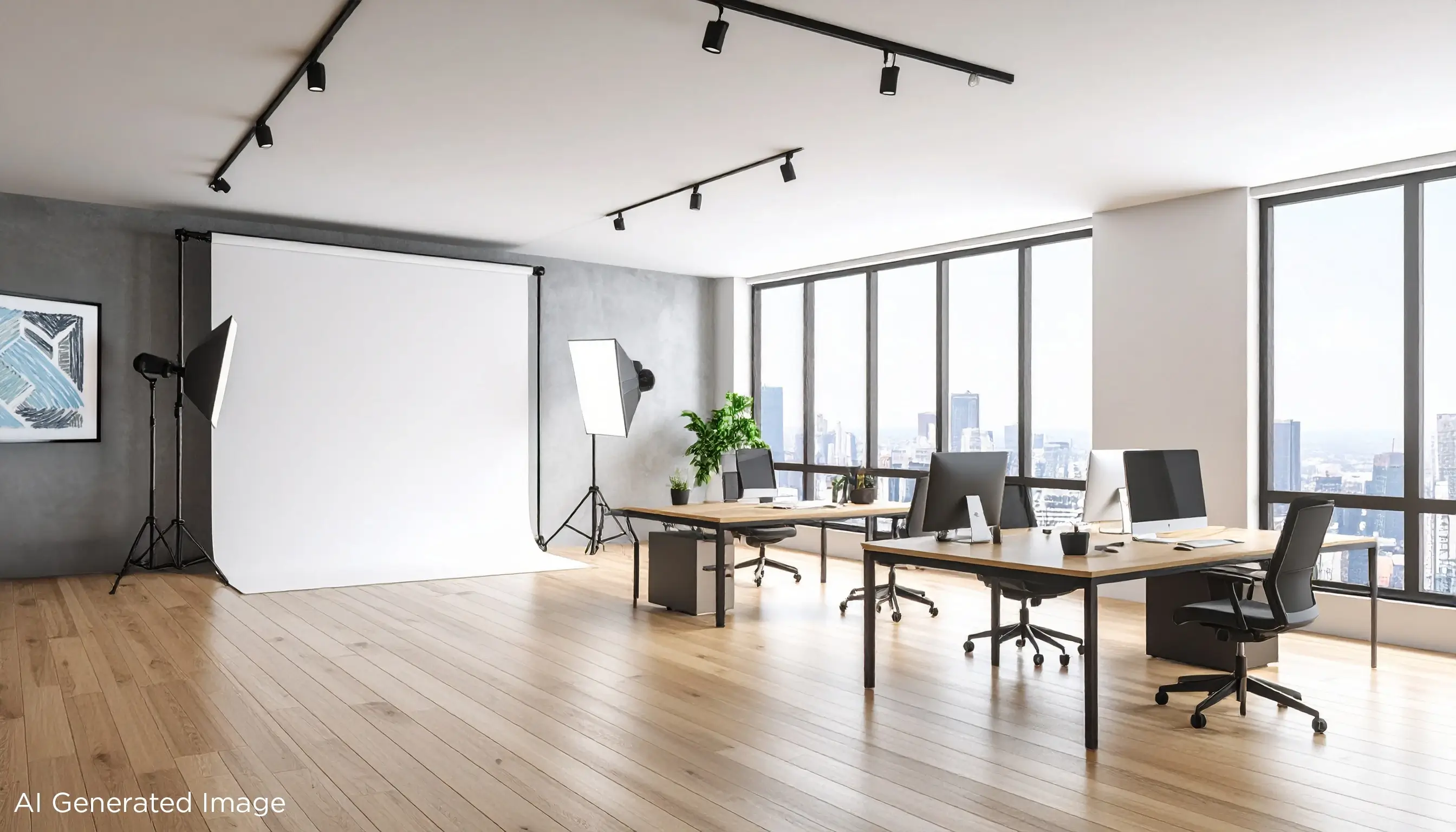 Professional photography equipment set up in a modern office boardroom, demonstrating how mobile studio delivers professional results at your workplace