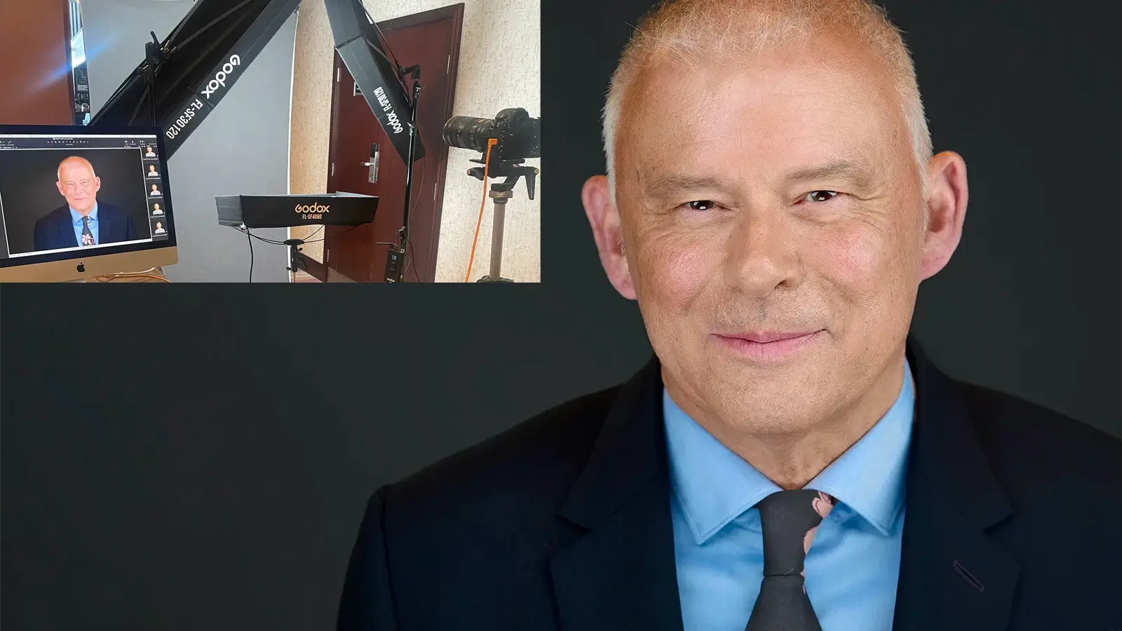 Professional photography equipment set up in a modern office space with lighting and backdrop ready for corporate headshots