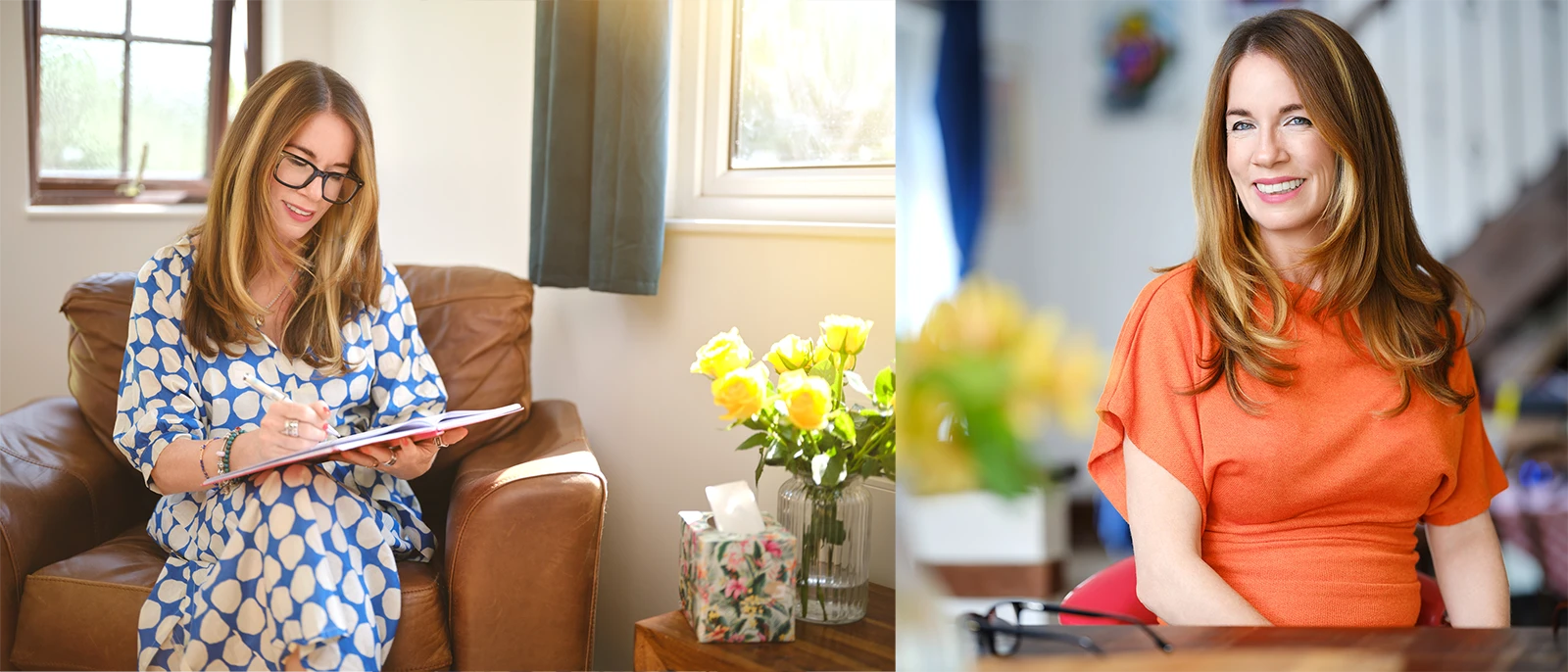 A relaxed branding portrait of a business owner in an orange top at home, smiling naturally with yellow tulips in the foreground