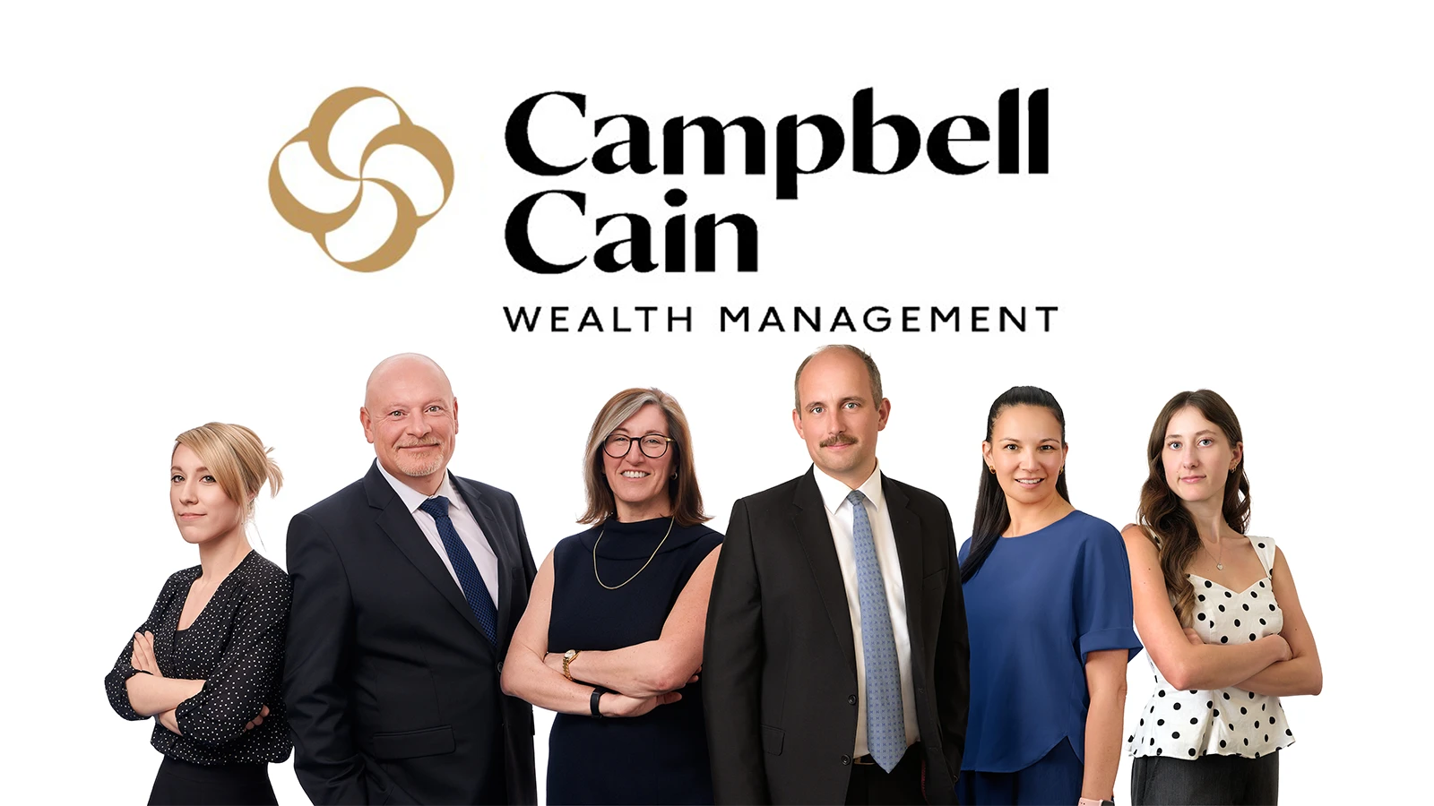 A composite team portrait of six colleagues on a white background, every headshot matched in lighting and framing despite being taken across different sessions
