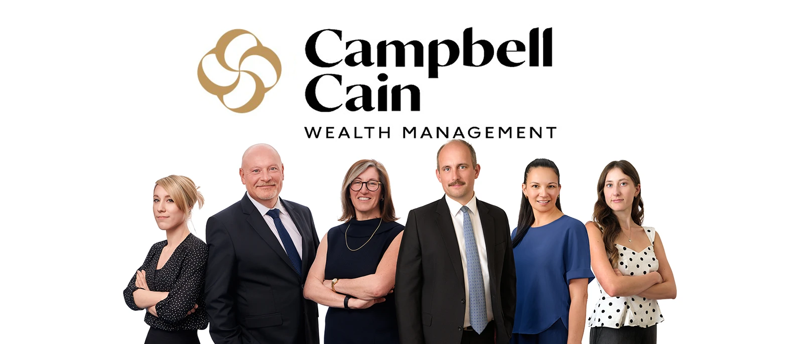 A composite team portrait of six colleagues on a white background, every headshot matched in lighting and framing despite being taken across different sessions