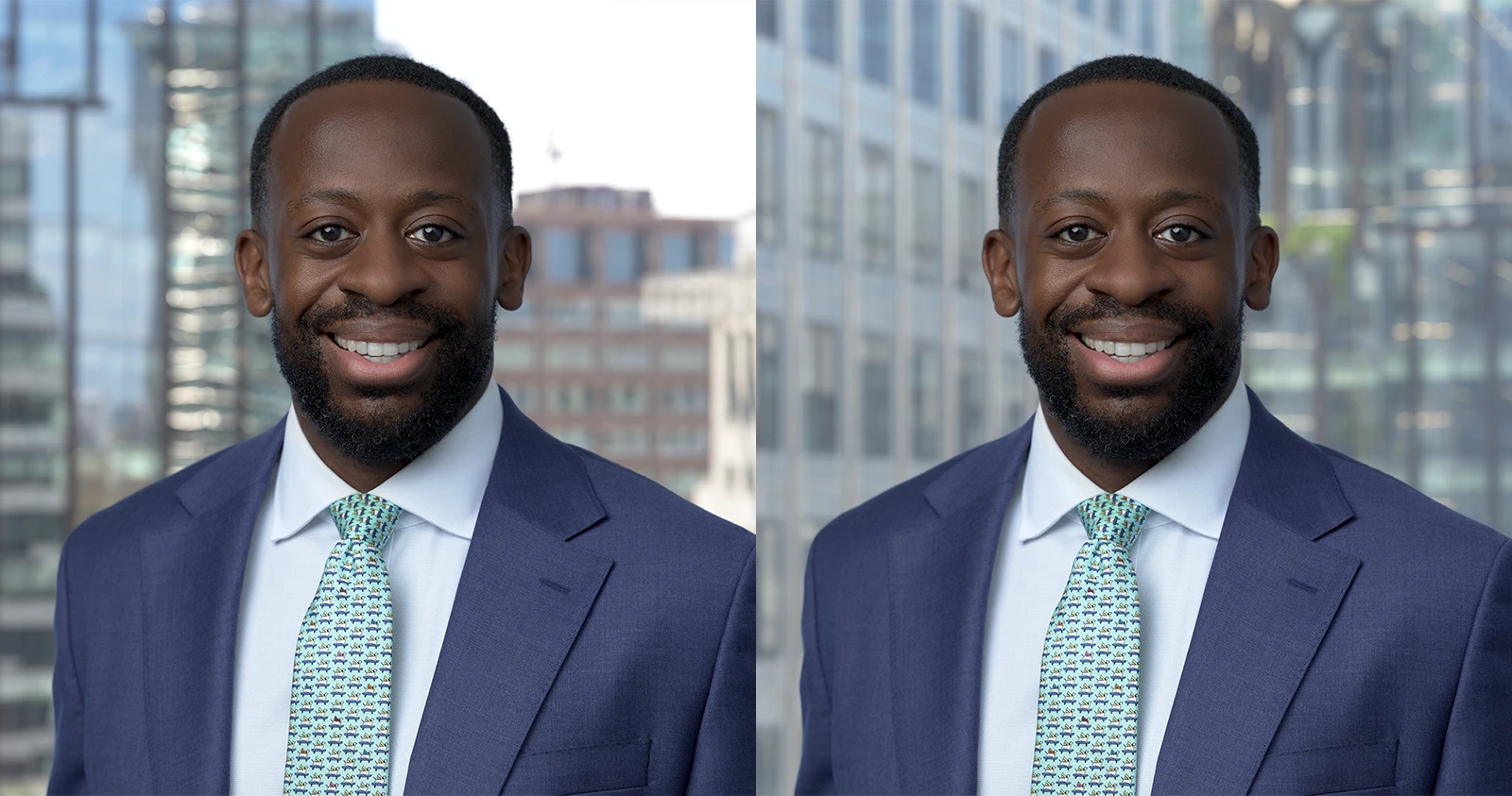 A consistent set of corporate headshots on a brand-specified grey background