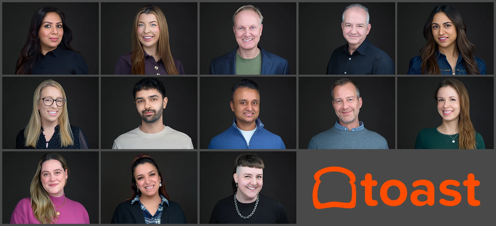 Toast restaurant technology team photographed together in their office for a consistent set of team headshots